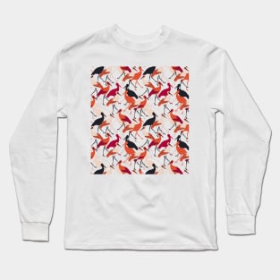 Red and White Stork Birds Seamless Pattern Long Sleeve T-Shirt